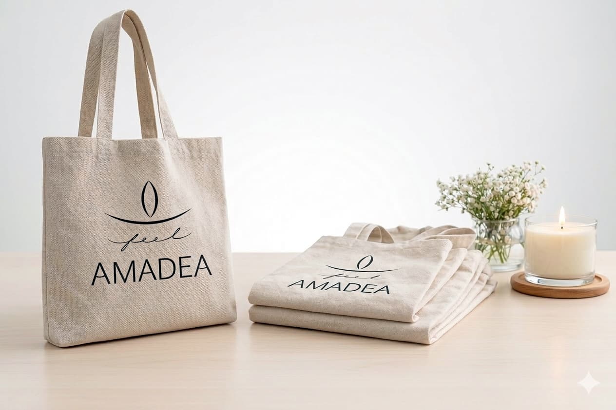 Bolsa de tela y etiquetas en papel kraft
