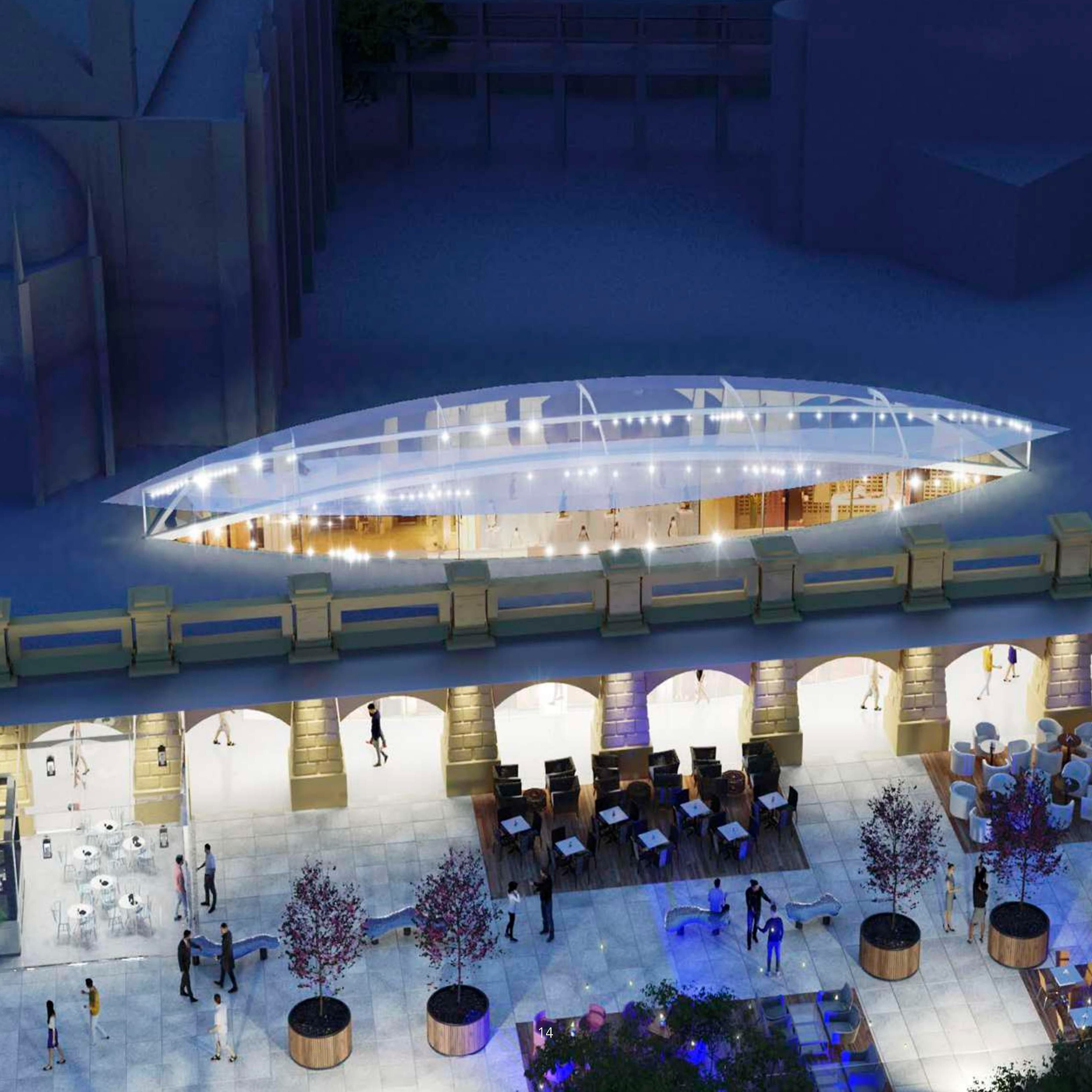 Render de la terraza y vista interior de las escaleras mecánicas