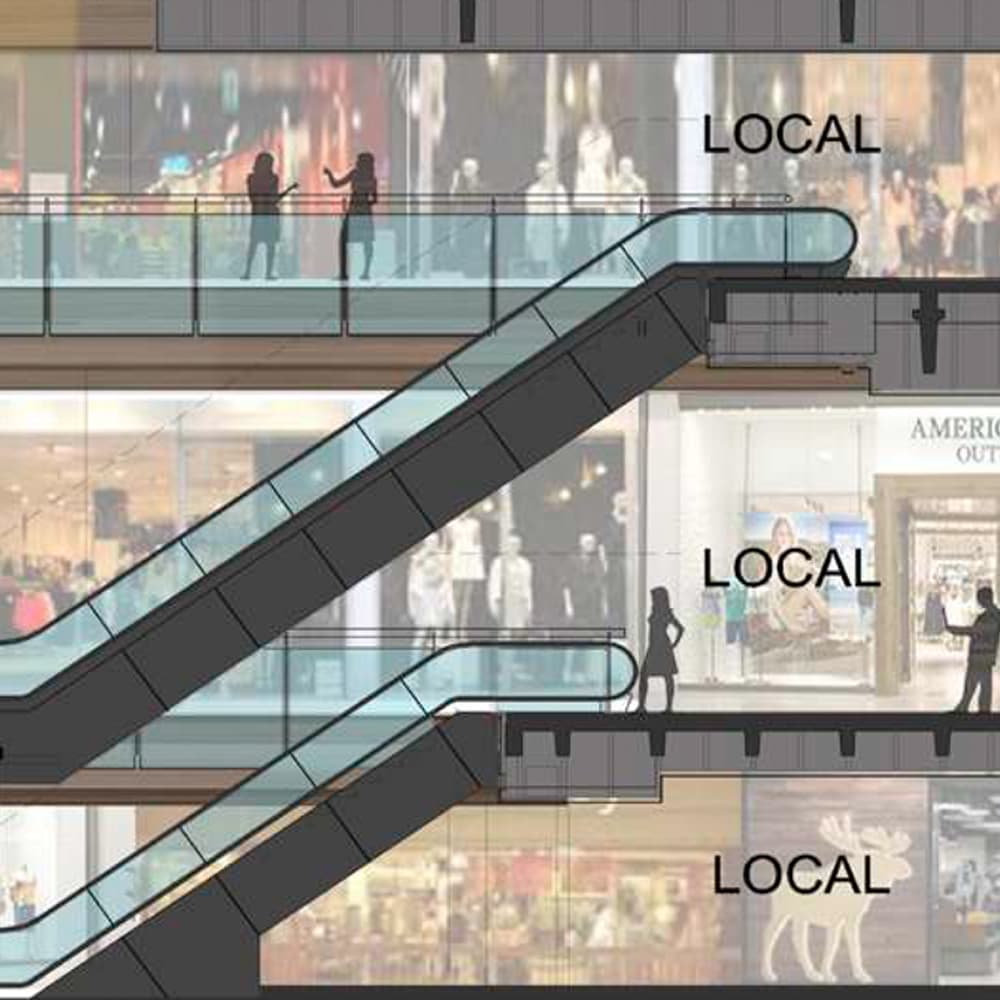 Render de la terraza y vista interior de las escaleras mecánicas